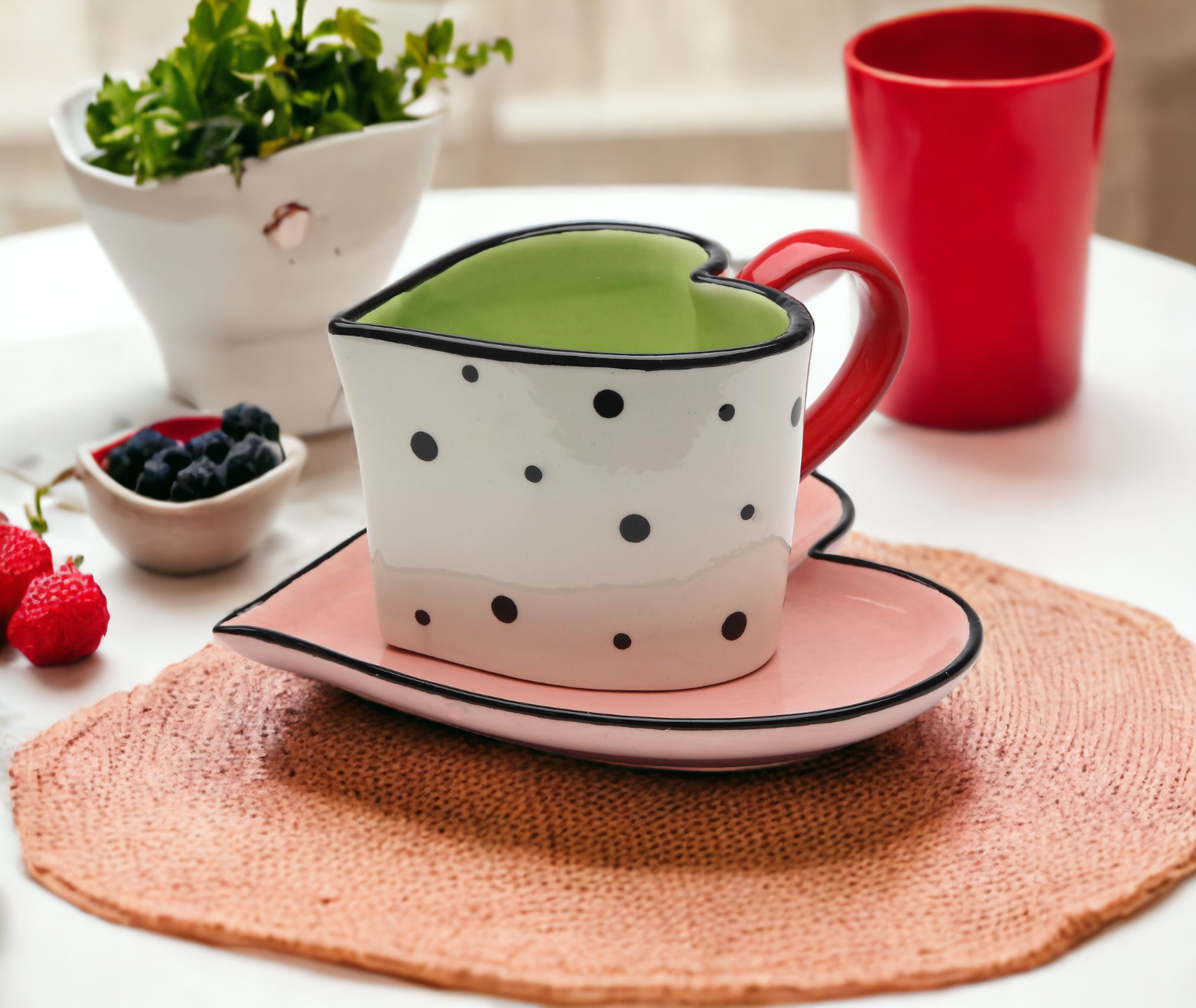 Ceramic Dotted Heart Shaped Cup & Saucer Gift for Her Gift for Mom Gift for Friend or Coworker Tea Party Décor Café