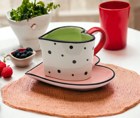 Ceramic Dotted Heart Shaped Cup & Saucer Gift for Her Gift for Mom Gift for Friend or Coworker Tea Party Décor Café