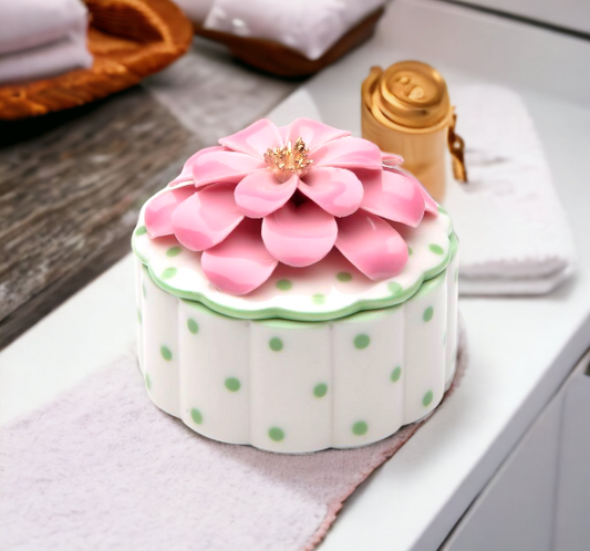 Ceramic Dotted Jewelry Box with Pink Flower Home Décor Gift for Her Gift for Mom Spring Décor Vanity Decor - Jewelry