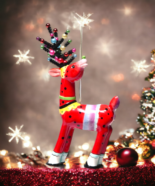 Ceramic Dotted Red Reindeer with Beaded Antlers Home Décor Gift for Her Gift for Mom Kitchen Décor Christmas Décor