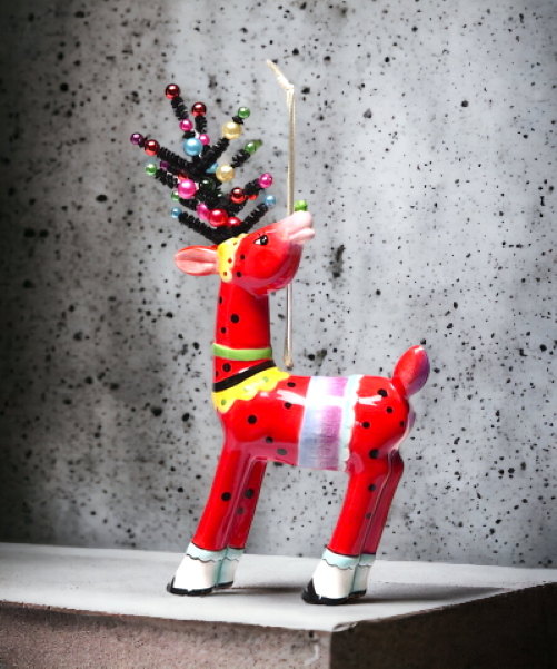Ceramic Dotted Red Reindeer with Beaded Antlers Home Décor Gift for Her Gift for Mom Kitchen Décor Christmas Décor