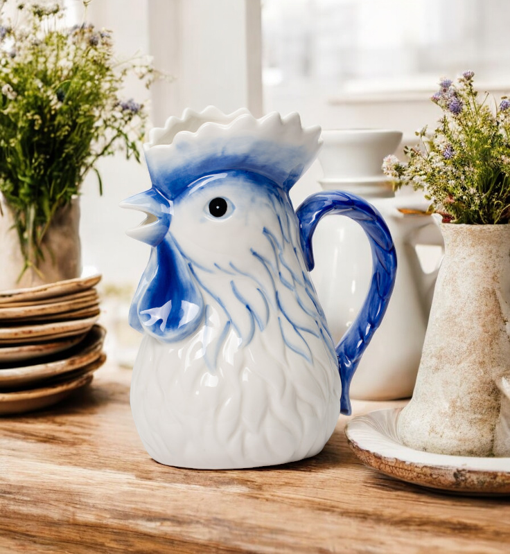 Ceramic Dutch Blue Rooster Pitcher/Vase Farmhouse Kitchen Decor Gift for Her Gift for Mom - vase