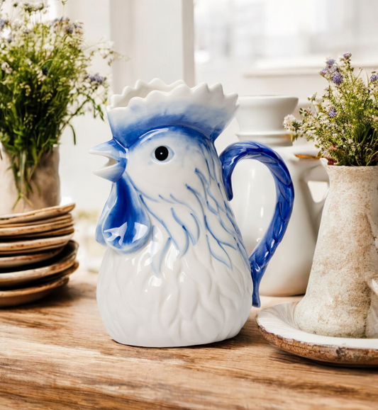 Ceramic Dutch Blue Rooster Pitcher/Vase Farmhouse Kitchen Decor Gift for Her Gift for Mom - vase