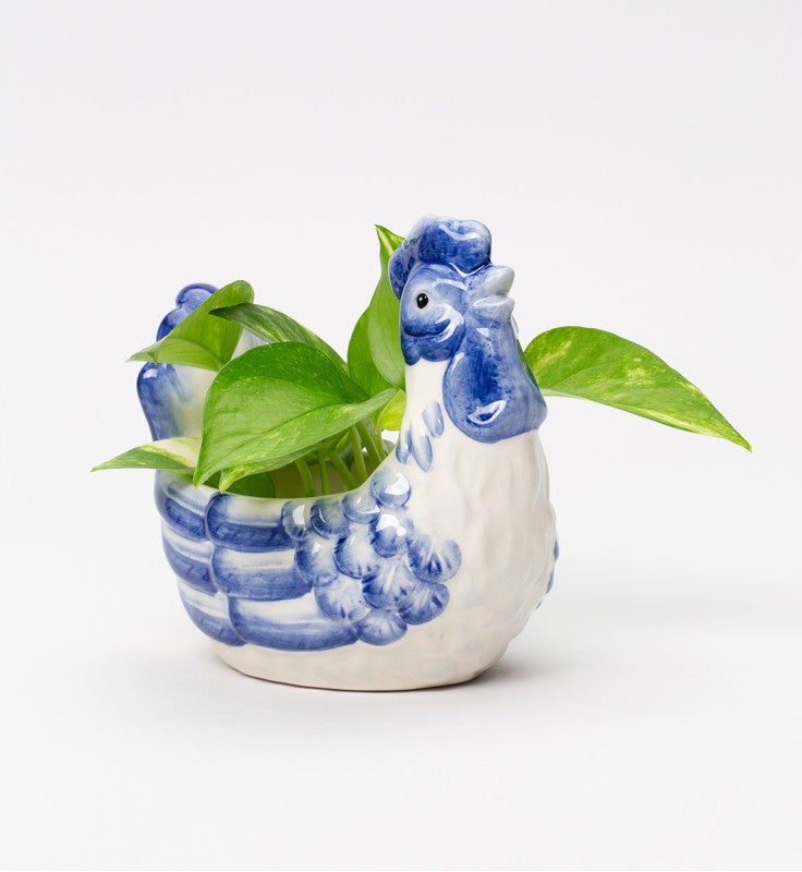 Ceramic Dutch Blue Rooster Planter Farmhouse Decor Gift for Her Gift for Mom - planter