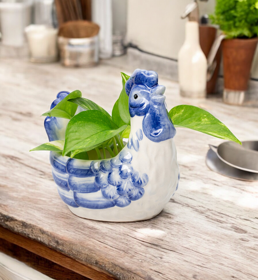 Ceramic Dutch Blue Rooster Planter Farmhouse Decor Gift for Her Gift for Mom - planter