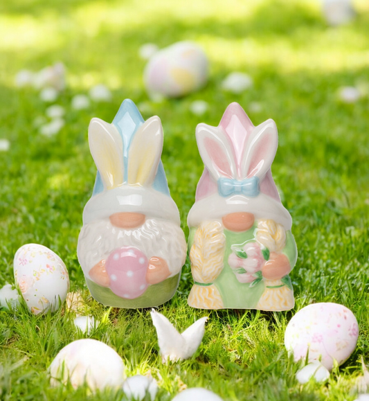 Ceramic Easter Bunny Gnome Holding Egg Salt and Pepper Shakers Easter Decor Fairy Garden Decor Spring Decor Gnome