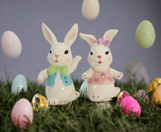 Ceramic Easter Bunny Rabbit Dancing Couple Salt and Pepper Shakers Home Décor Gift for Her Gift for Mom Kitchen Décor