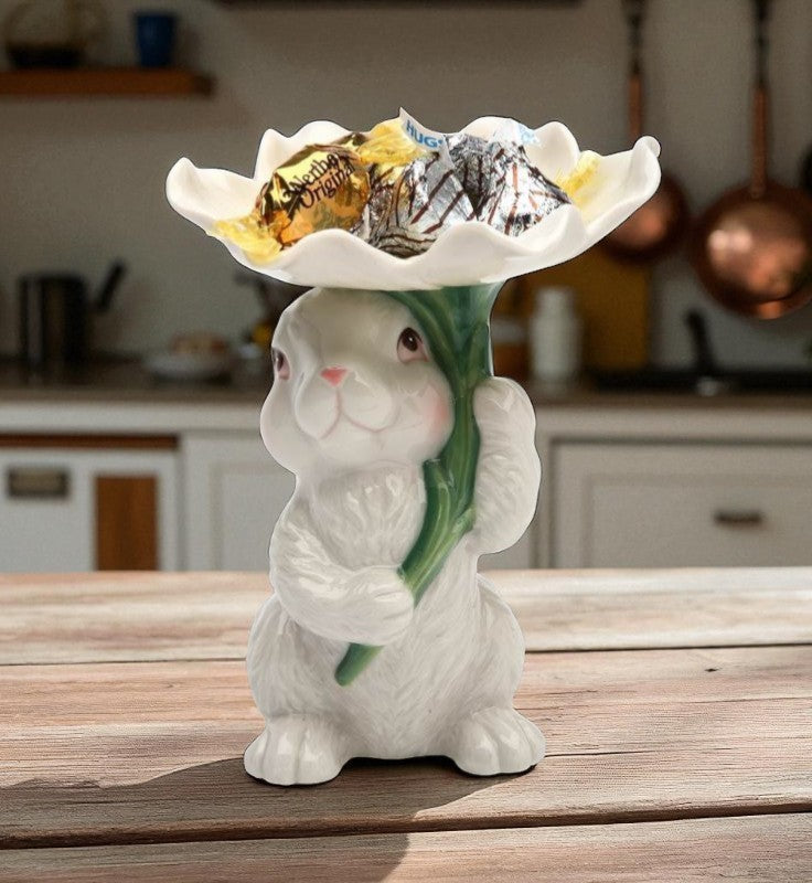 Ceramic Easter Bunny Rabbit Holding Flower Candy Dish Home Décor Gift for Her Gift for Mom Kitchen Décor Spring Décor