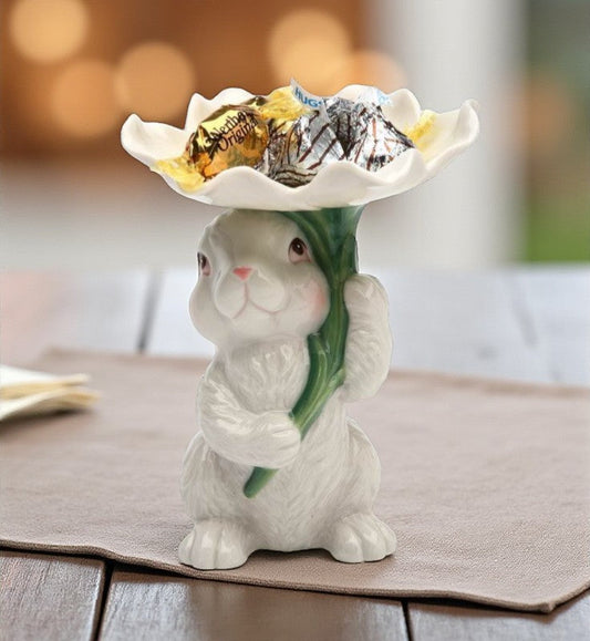 Ceramic Easter Bunny Rabbit Holding Flower Candy Dish Home Décor Gift for Her Gift for Mom Kitchen Décor Spring Décor