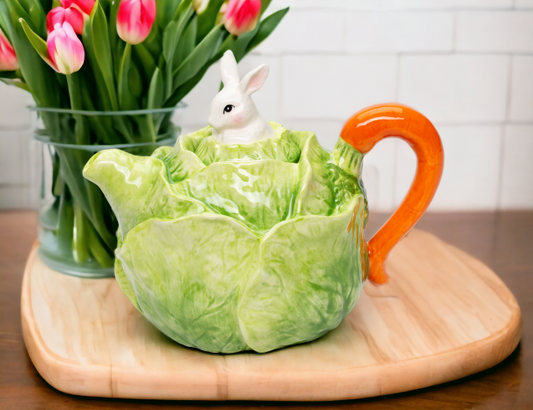 Ceramic Easter Bunny Rabbit on Cabbage Teapot Spring Decor Tea Lover Gift Gift for Her Gift for Mom - teapot