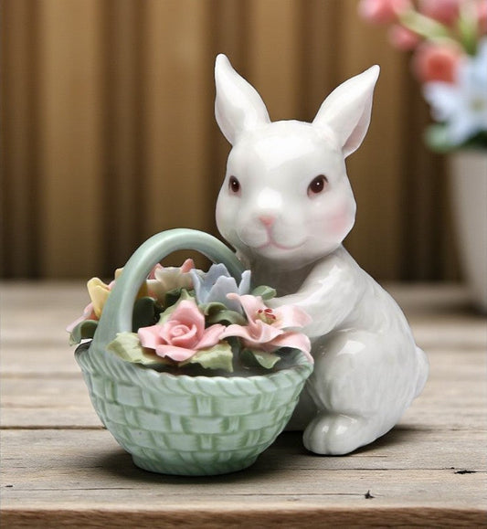 Ceramic Easter Bunny Rabbit With Flower Basket Figurine Home Décor Gift for Her Gift for Mom Spring Decor - Figurines