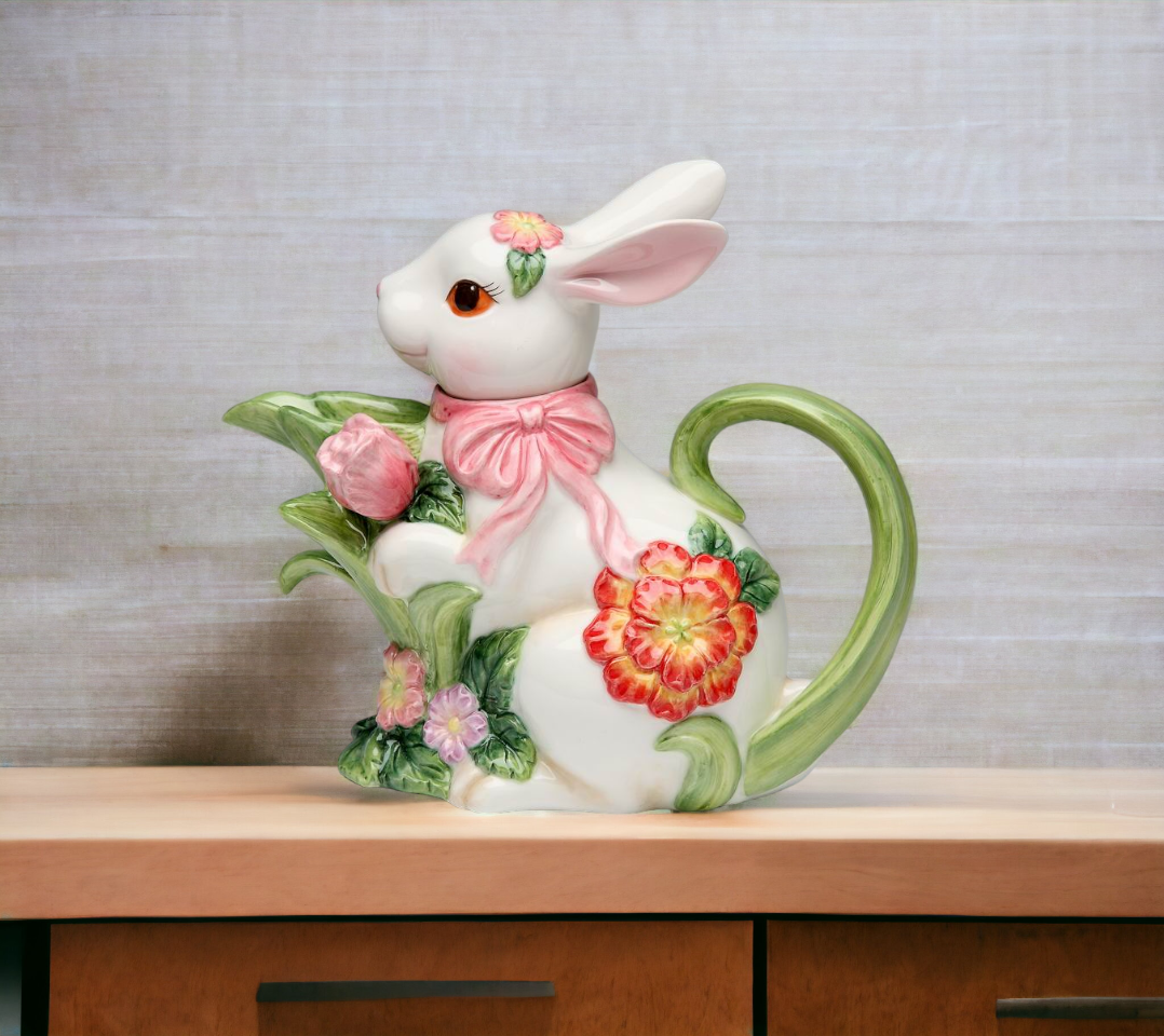 Ceramic Easter Bunny Rabbit with Flowers Teapot Gift for Her Gift for Mom Tea Party Décor Café Décor Spring Decor