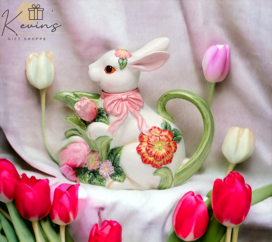 Ceramic Easter Bunny Rabbit with Flowers Teapot Gift for Her Gift for Mom Tea Party Décor Café Décor Spring Decor