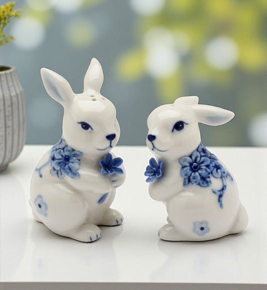 Ceramic Easter Bunny Rabbits with Blue Flowers Salt and Pepper Shakers Gift for Her or Mom Kitchen Décor Spring