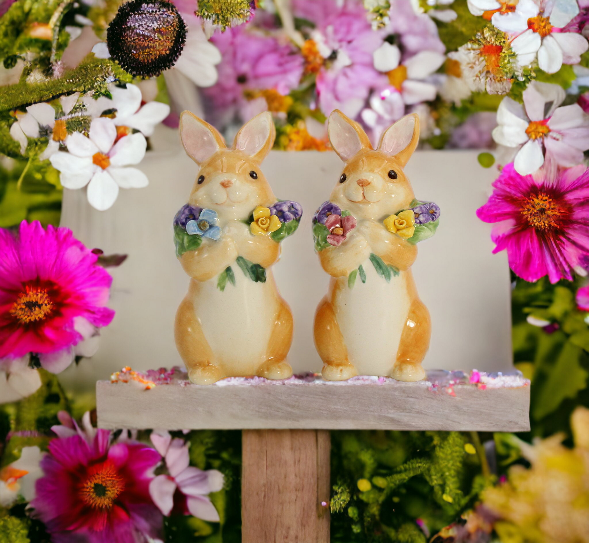 Ceramic Easter Bunny Rabbits with Flowers Salt and Pepper Home Décor Gift for Her Gift for Mom Kitchen Décor Spring