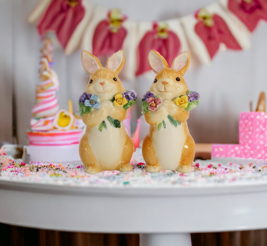 Ceramic Easter Bunny Rabbits with Flowers Salt and Pepper Home Décor Gift for Her Gift for Mom Kitchen Décor Spring