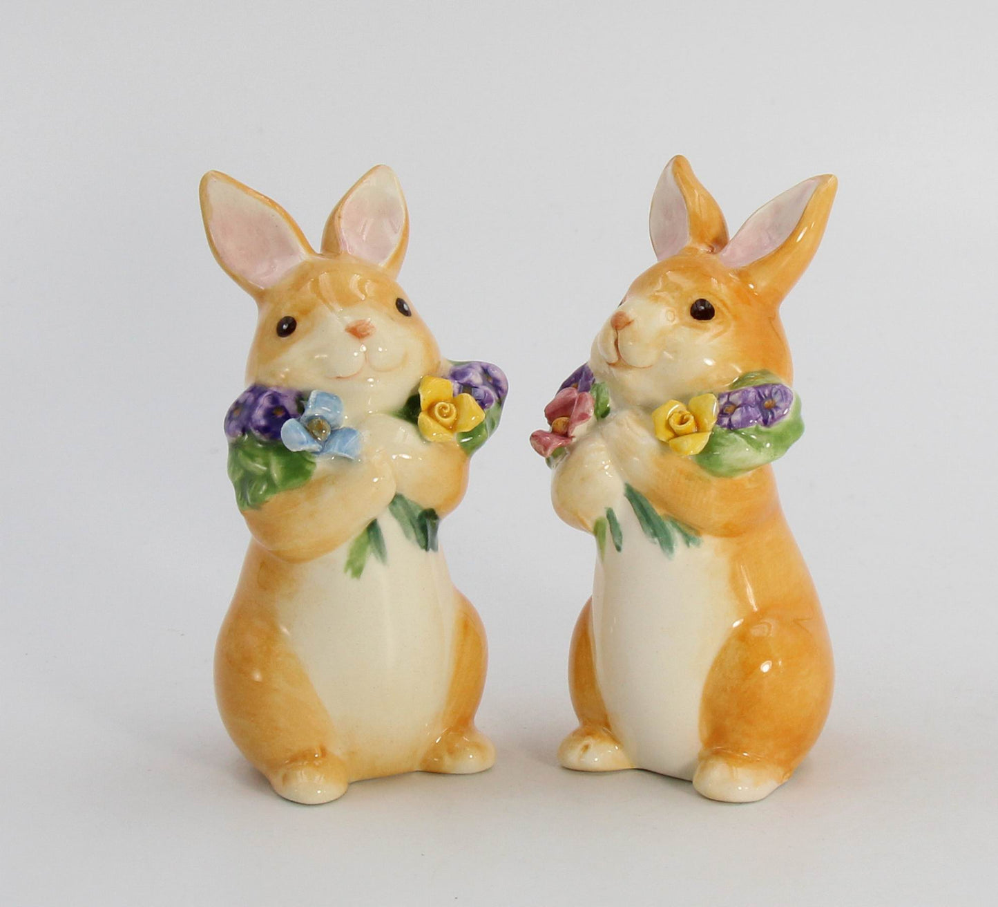 Ceramic Easter Bunny Rabbits with Flowers Salt and Pepper Home Décor Gift for Her Gift for Mom Kitchen Décor Spring