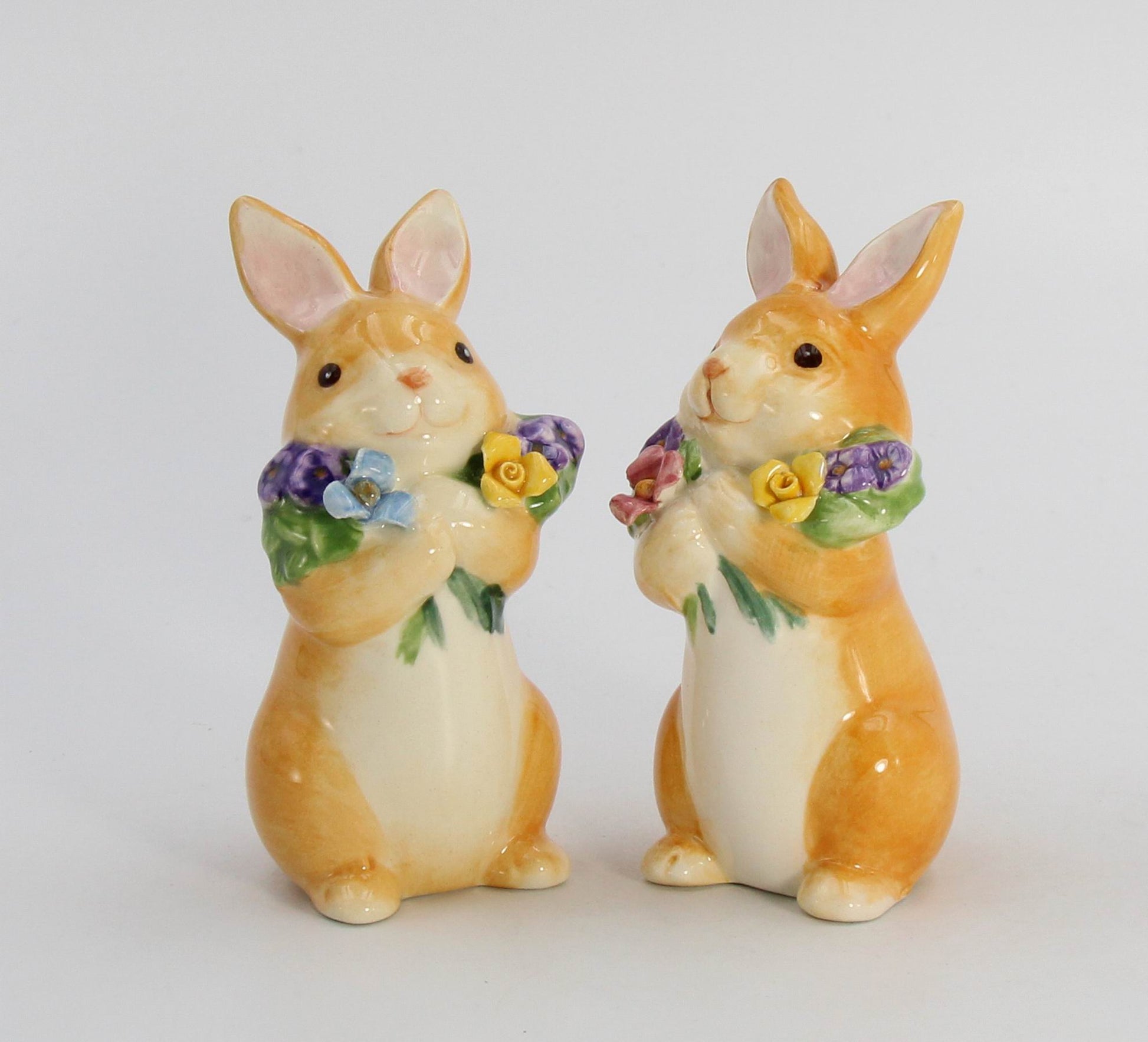 Ceramic Easter Bunny Rabbits with Flowers Salt and Pepper Home Décor Gift for Her Gift for Mom Kitchen Décor Spring
