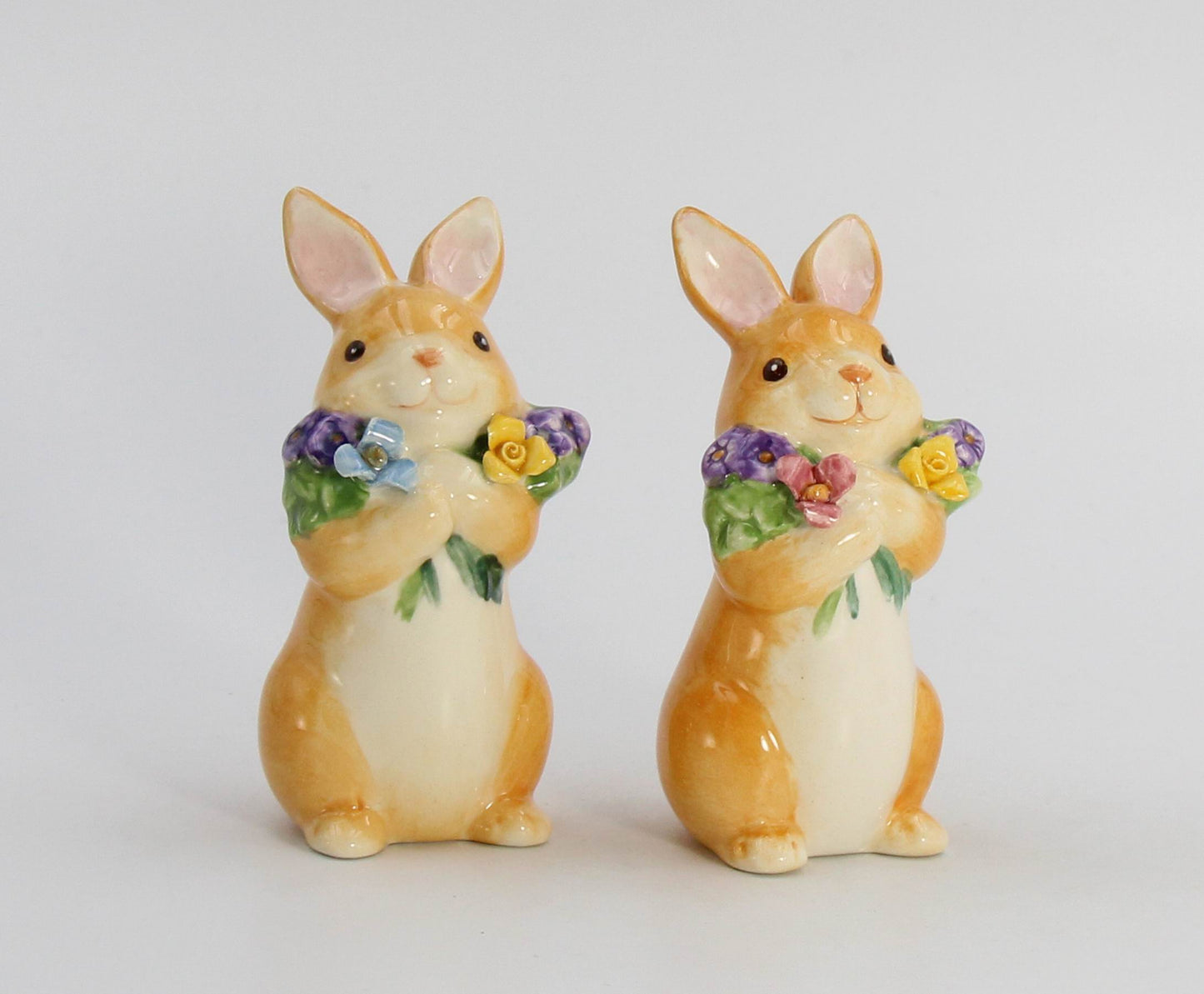 Ceramic Easter Bunny Rabbits with Flowers Salt and Pepper Home Décor Gift for Her Gift for Mom Kitchen Décor Spring