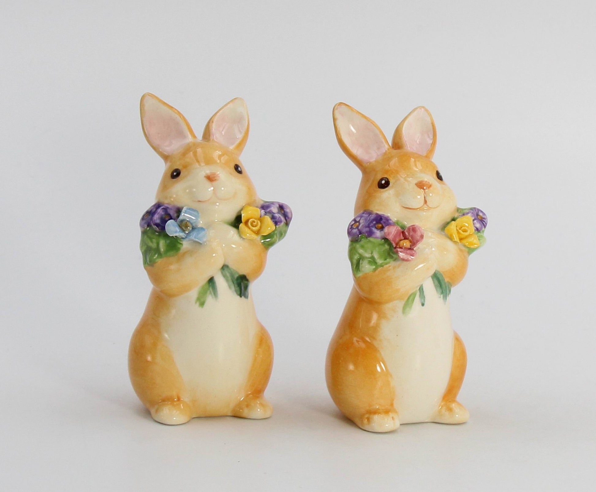 Ceramic Easter Bunny Rabbits with Flowers Salt and Pepper Home Décor Gift for Her Gift for Mom Kitchen Décor Spring