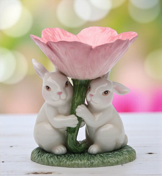 Ceramic Easter Bunny Rabbits with Pink Flower Candle Holder Gift for Her Gift for Mom Kitchen Décor Spring Décor Easter