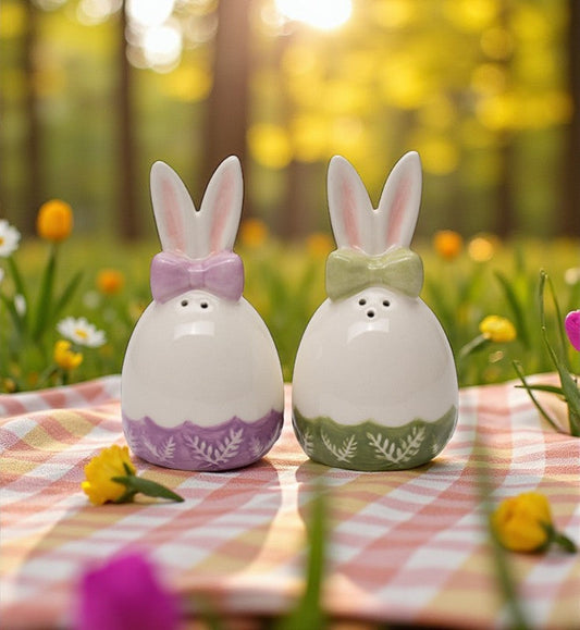 Ceramic Easter Egg Shaped Bunny Rabbit Ears Salt and Pepper Shakers Spring Decor Easter Decor Gift for Her - Salt &