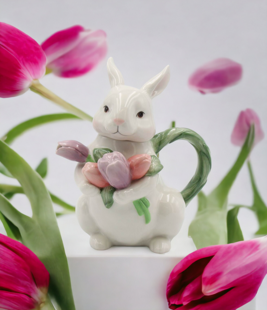 Ceramic Easter Rabbit with Tulip Flowers Teapot Gift for Her Gift for Mom Tea Party Décor Café Décor Spring Decor