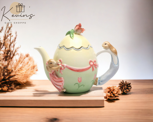 Ceramic Easter Rabbits Around Egg Shaped Teapot Gift for Her Gift for Mom Tea Party Décor Café Décor Spring Decor