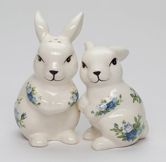 Ceramic Easter Rabbits with Blue Roses Pattern Salt and Pepper Shakers Spring Decor Easter Decor Rabbit Lover Gift