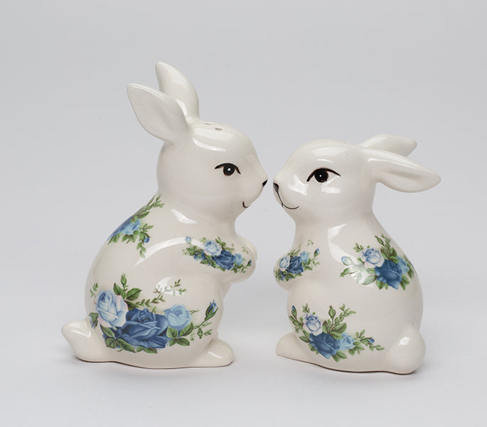 Ceramic Easter Rabbits with Blue Roses Pattern Salt and Pepper Shakers Spring Decor Easter Decor Rabbit Lover Gift