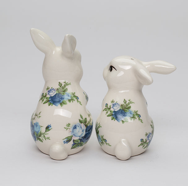 Ceramic Easter Rabbits with Blue Roses Pattern Salt and Pepper Shakers Spring Decor Easter Decor Rabbit Lover Gift