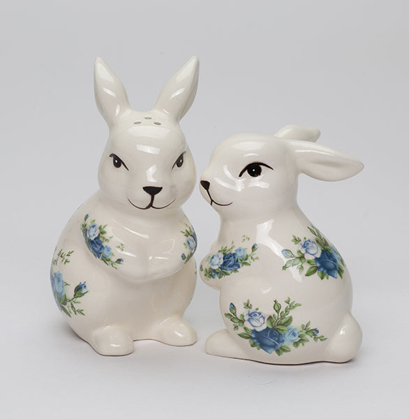 Ceramic Easter Rabbits with Blue Roses Pattern Salt and Pepper Shakers Spring Decor Easter Decor Rabbit Lover Gift