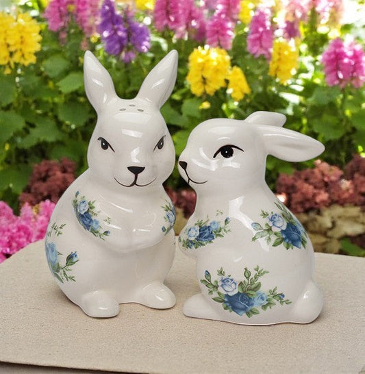 Ceramic Easter Rabbits with Blue Roses Pattern Salt and Pepper Shakers Spring Decor Easter Decor Rabbit Lover Gift
