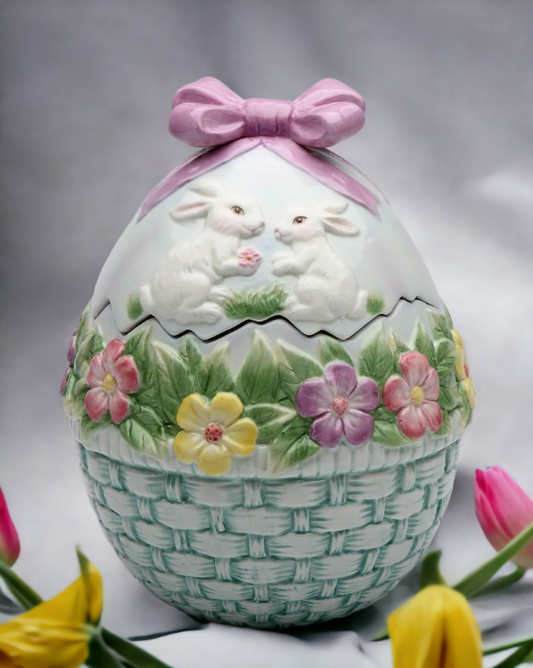 Ceramic Egg Shaped Cookie Jar with Bunny Rabbits and Flowers Gift for Her Gift for Mom Kitchen Décor Spring Décor