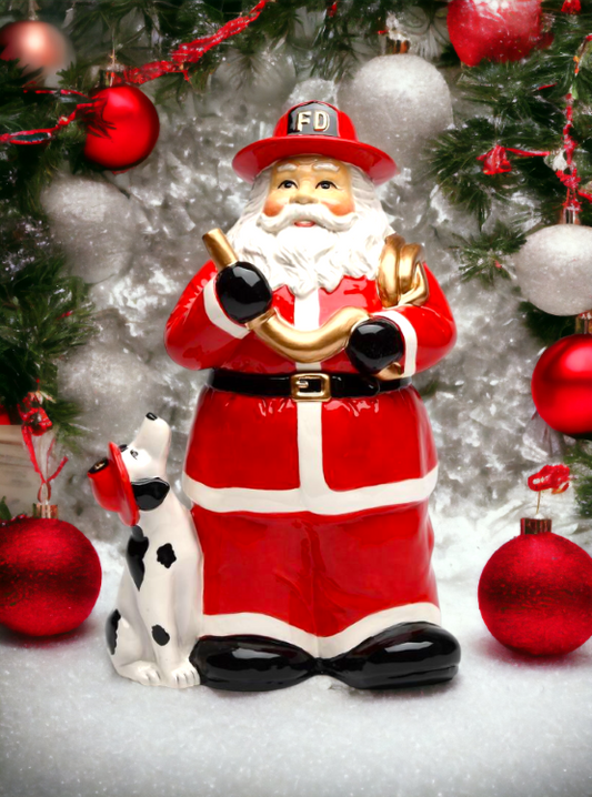 Ceramic Fire Fighter Christmas Santa Cookie Jar Gift for Dad Mom Gift for Her Fire Station Decor Kitchen Décor