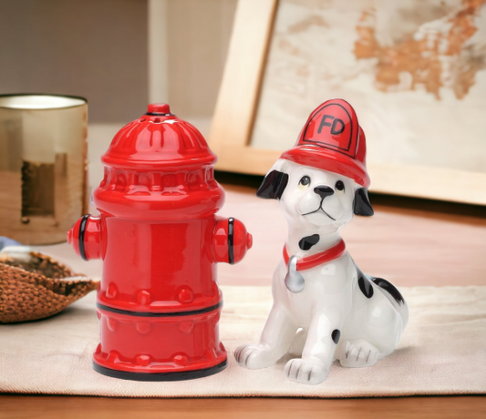 Ceramic Fire Hydrant and Dalmation Dog Salt and Pepper Shakers Gift for Firefighter Dog Lover Gift Home Decor Fire