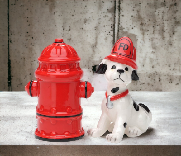 Ceramic Fire Hydrant and Dalmation Dog Salt and Pepper Shakers Gift for Firefighter Dog Lover Gift Home Decor Fire