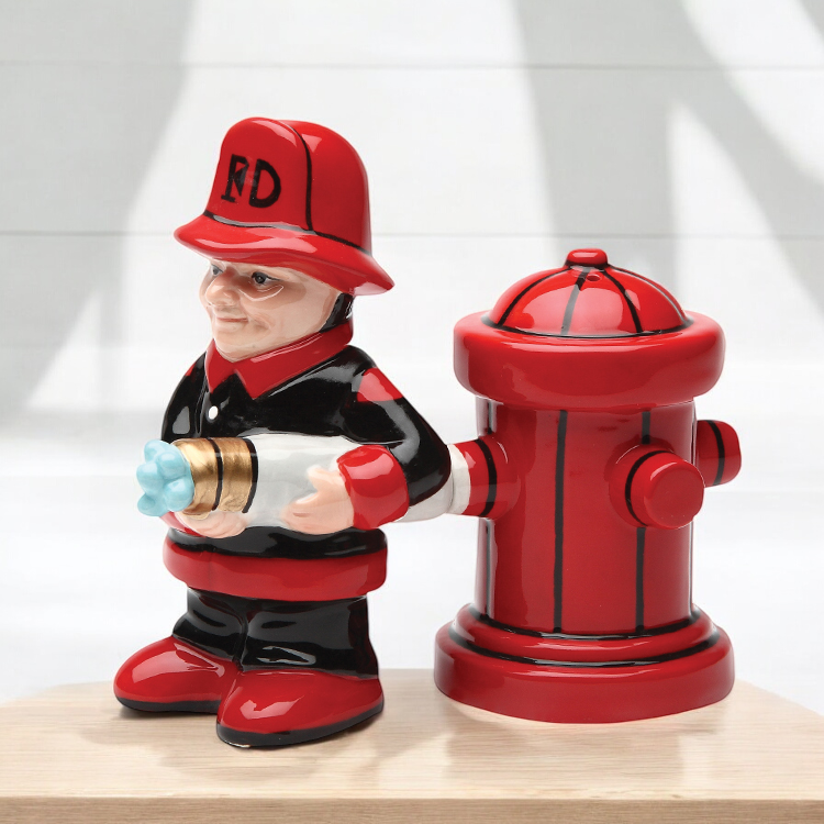 Ceramic Firefighter with Fire Hydrant Salt and Pepper Shakers Firefighter Gift Fire Station Decor Gift for Him - Salt &