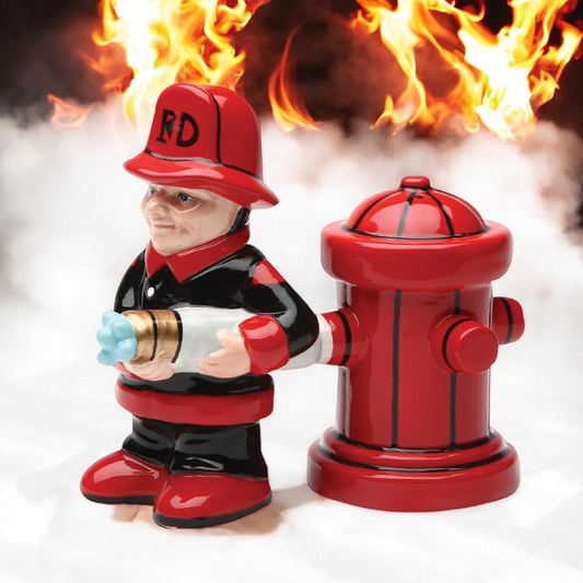 Ceramic Firefighter with Fire Hydrant Salt and Pepper Shakers Firefighter Gift Fire Station Decor Gift for Him - Salt &