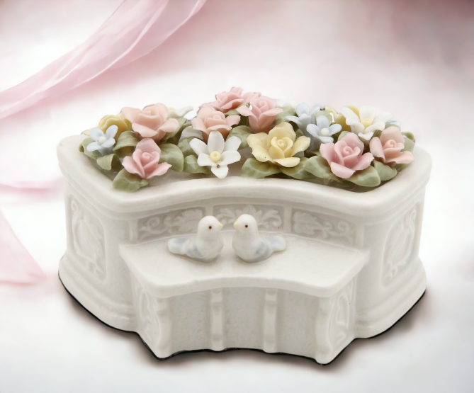 Ceramic Flower Garden with Two Small Birds Figurine Home Décor Gift for Her Gift for Mom Nature Lover Décor Wedding