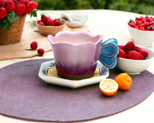 Ceramic Flower Teacup and Honeycomb Saucer Gift for Her Gift for Mom Gift for Friend or Coworker Tea Party Décor Café