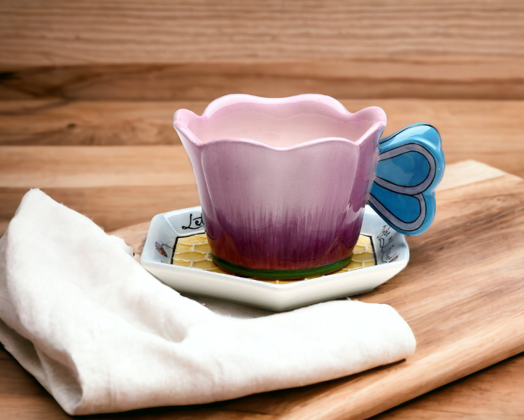 Ceramic Flower Teacup and Honeycomb Saucer Gift for Her Gift for Mom Gift for Friend or Coworker Tea Party Décor Café