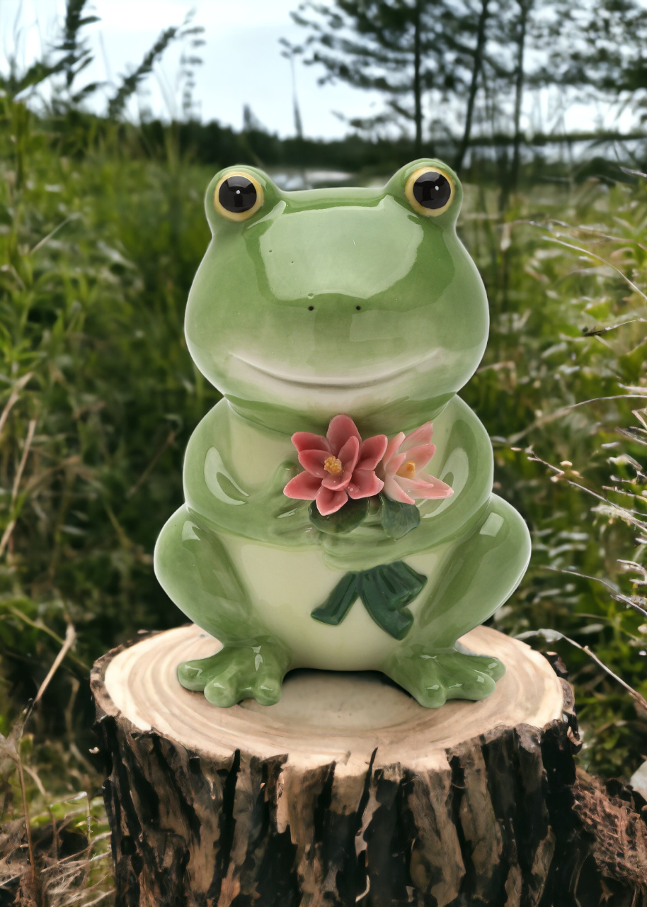 Ceramic Frog and Flowers Piggy Bank Home Décor Gift for Her Mom Spring Décor Cottagecore Nature Lover Gift - Piggy