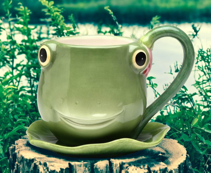 Ceramic Frog Cup and Saucer Gift for Her Gift for Mom Gift for Friend or Coworker Tea Party Décor Café Decor