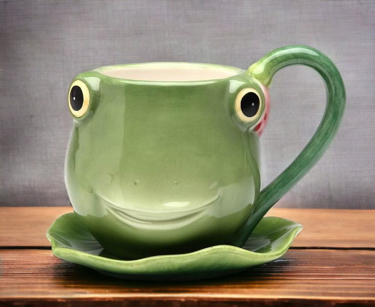 Ceramic Frog Cup and Saucer Gift for Her Gift for Mom Gift for Friend or Coworker Tea Party Décor Café Decor