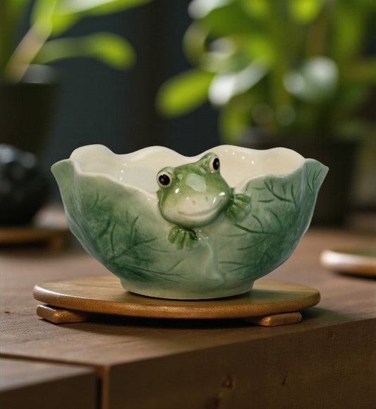 Ceramic bowl shaped like a frog on a leaf with a blurred plant background