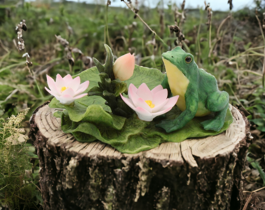 Ceramic Frog with Lotus Flowers Candle Holder Home Décor Gift for Her Mom Spring Décor Cottagecore Nature Lover Gift