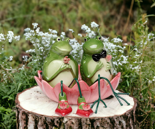 Ceramic Frogs Sitting In Water Lily Salt & Pepper Shakers Wedding Décor or Gift Anniversary Décor or Gift Home Decor