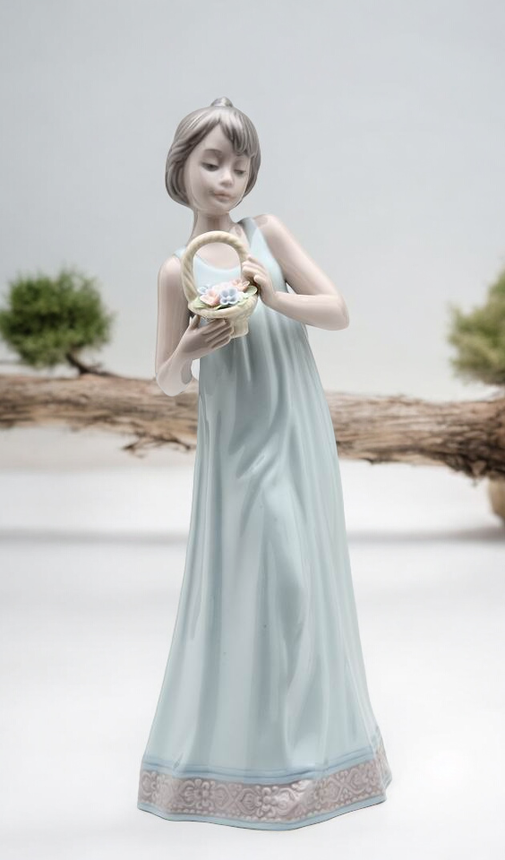 Ceramic Girl Holding Flower Basket Figurine Home Decor Gift for Her Gift for Mom - Figurine