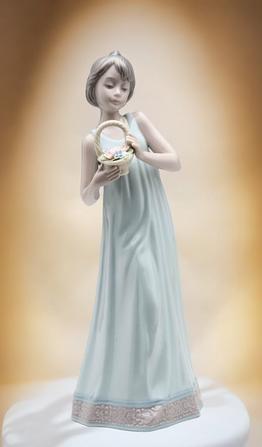 Ceramic Girl Holding Flower Basket Figurine Home Decor Gift for Her Gift for Mom - Figurine